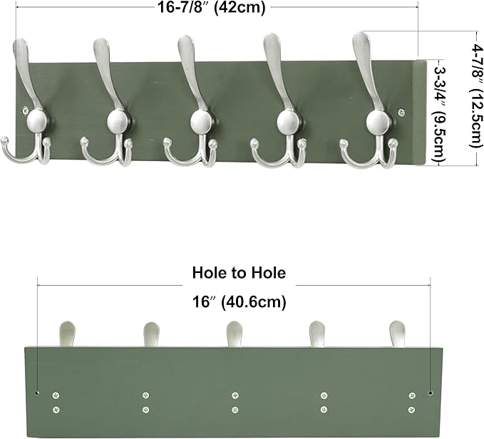 SKOLOO Creations Forest Green Solid Wood Wall Mounted Coat Rack, 5 Hooks, 17" Long - Kitchen, Mudroom, Entryway, Bathroom - Includes Mounting Hardware, Wall Coat Hanger, Towel Rack