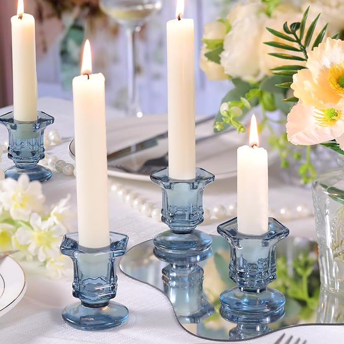 Blue Candlestick Holders Bulk, 12 Pcs Glass Candle Holders Set,Crystal Taper Candle Holder for Wedding, Table Centerpiece, Home Decoration