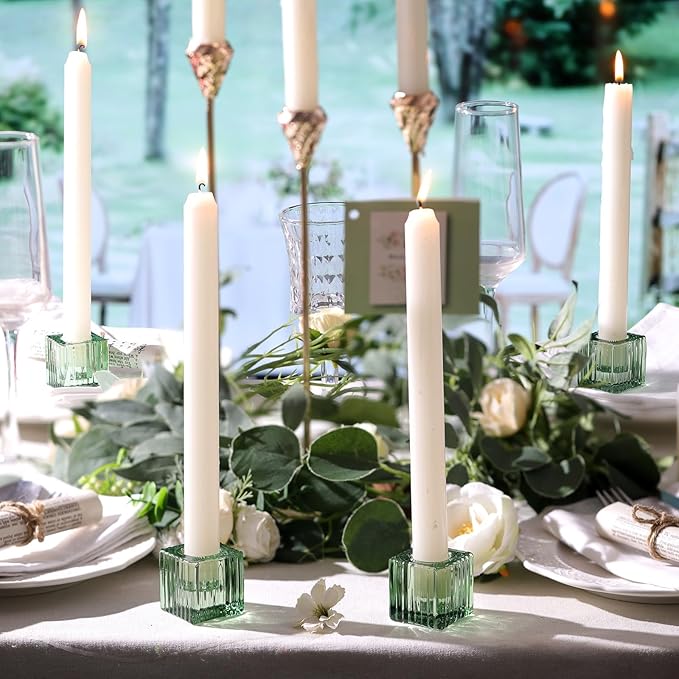 LETINE 12pcs Green Cube Taper Candle Holders - Ideal Candle Stick Holder Decor for Modern Wedding Table Centerpieces & Holiday Decor, Elegant Candlestick Set for Home Ambiance