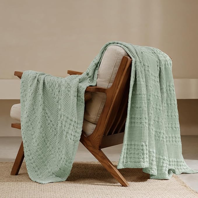 PHF 100% Cotton Waffle Weave Throw Blanket, Soft Lightweight Breathable Cozy Throws for Couch Bed Sofa, Luxury Aesthetic Woven Blanket for Home Decor & Office, 50"x60", Mint Green