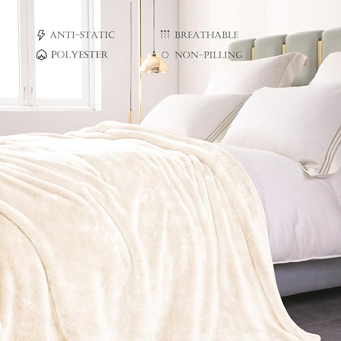 Exclusivo Mezcla Plush Fuzzy Fleece Bed Blanket Queen Size, Super Soft, Fluffy and Warm Blankets Suitable for All Seasons (Ivory, 90x90 Inches)
