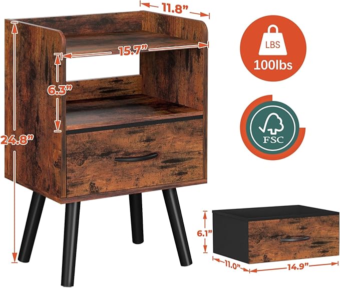 Yoobure Night Stand with Fabric Drawer, Modern Nightstand, Bedside Tables, Mid Century Nightstands with Open Storage Shelf, Wood Bedside Table, Small Night Stands for Bedrooms, 2-Tier Night Table