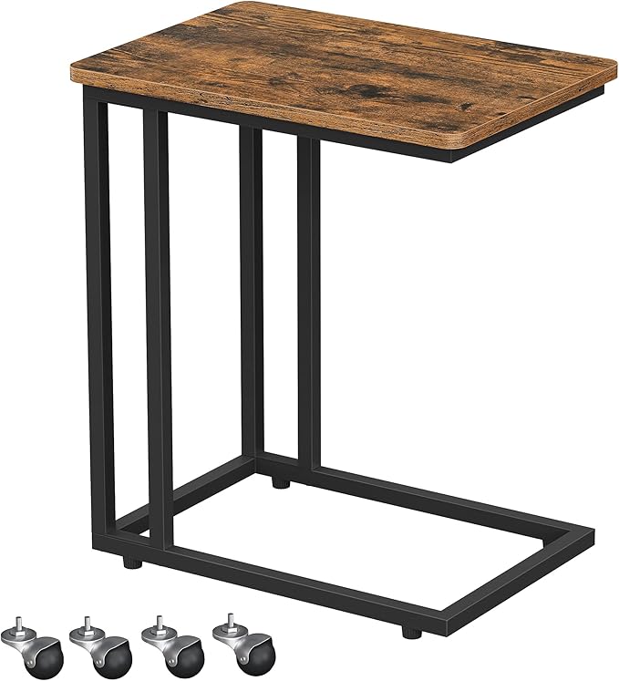 VASAGLE End Table, C Shaped TV Tray with Metal Frame Rolling Casters, Industrial Side Table for Living Room Bedroom, 19.7 x 13.8 x 23.6 Inches, Rustic Brown and Black