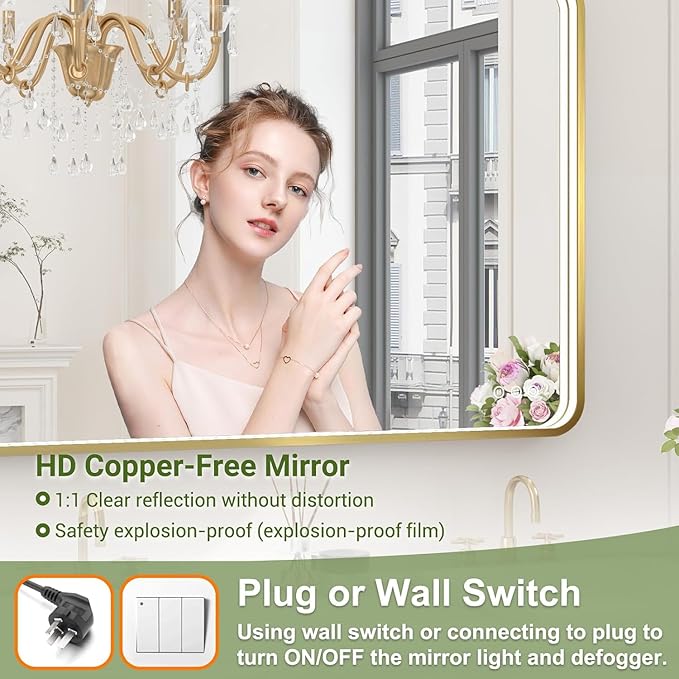 LED Bathroom Mirror with Lights, 48x28 Inch Gold Metal Framed LED Mirror for Bathroom, 3 Colors and Stepless Dimmable Wall Mounted Lighted Bathroom Vanity Mirror, Anti-Fog, Memory