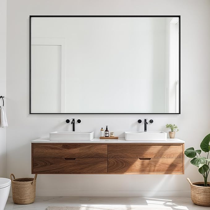 Suidia Bathroom Mirror, 55" x 36" Wall Mirror Metal Framed, Bathroom Vanity Mirror for Living Room Bedroom Bathroom Entryway, Black, Rect Corner Style