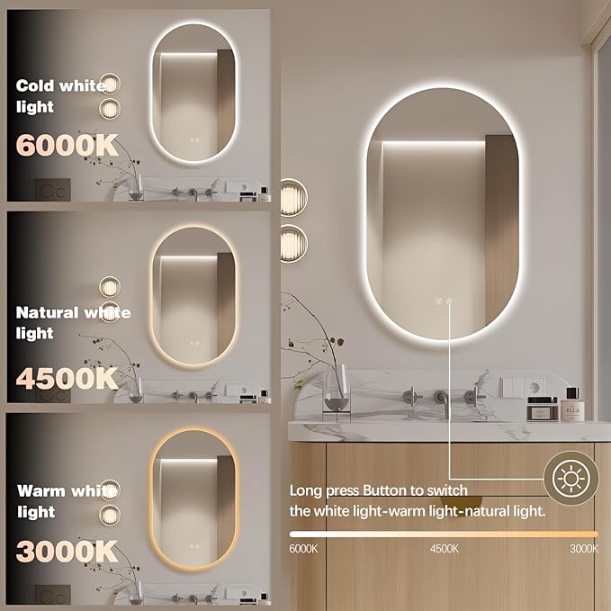 33" x 20" Oval LED Mirror for Bathroom, Backlit Vanity Mirror with Lights, Frameless Smart Wall Mirror, 3 Colors Stepless Dimmable, Anti-Fog, Shatterproof, Memory, CRI95+(Horizontal/Vertical)