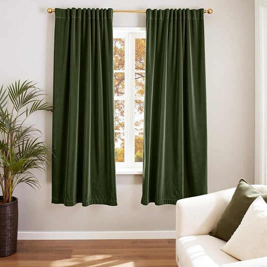 Lazzzy Velvet Blackout Curtains Thermal Insulated Room Window Drapes Super Soft Luxury Curtains for Living Room Bedroom Rod Pocket 2 Panels, Moss, 52" W x 72" L