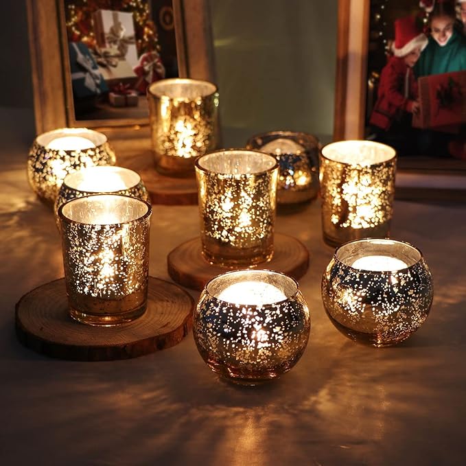 DEVI 24pcs Assorted Gold Votive Candle Holders, Mercury Glass Candle Holder, Diwali Decorations, Gold Wedding Centerpieces for Tables, Gold Bridal Shower PartyTable Decorations
