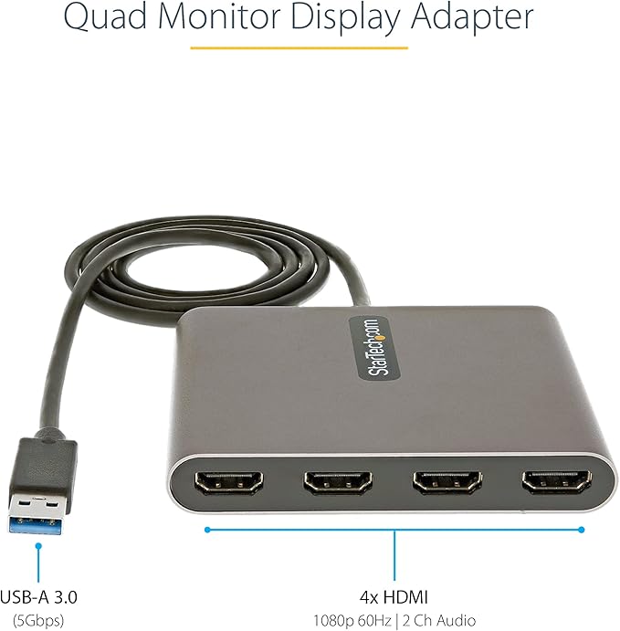 StarTech USB 3.0 to Quad HDMI Adapter, USB Type-A to 4 HDMI Monitor Converter, External Video Graphics Card, 4x 1080p 60Hz, Windows Only, TAA, Laptops and Desktops, Bus Powered, 1m Cable