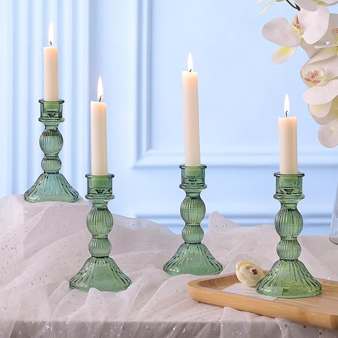 DARJEN Green Candlestick Holders Set of 4 - Vertical Stripe Glass Candle Holders for Candlesticks and Taper Candles, Taper Candle Holder for Wedding, Home, Decor & Table Centerpieces