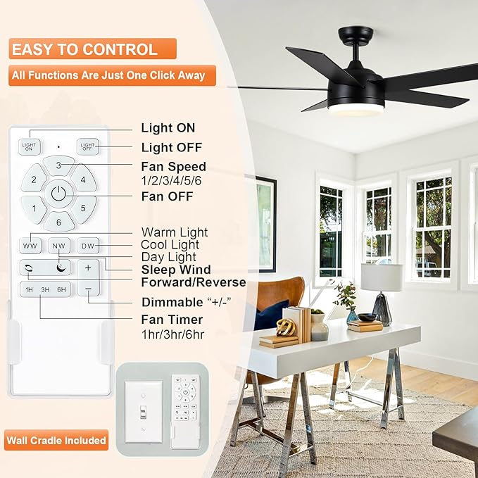 YUHAO 52 Inch Black Ceiling Fan with Light and Remote Control.Noiseless,Dimmable,3CCT,6 Speeds Reversible, DC Ceiling Fans for Indoor or Covered Outdoor