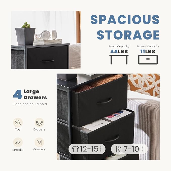 DUMOS Dresser for Bedroom 4 Drawers, Tall Fabric Closet Chests Organizer Tower Furniture with Wooden Top Metal Frame for Nursery, Living Room, Closet, Black