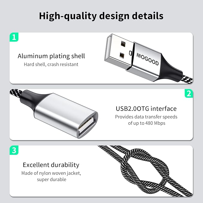 MOGOOD USB Splitter Cable USB y Splitter Adapter Dual USB 2.0 Power Cord Extension for Charging/Data Transfer/Laptop/Mac/Car