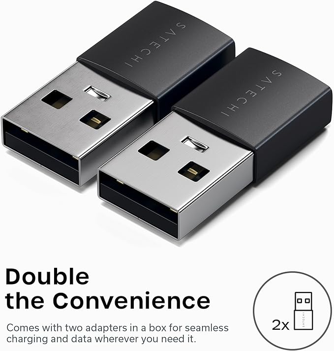 Satechi USB-A to USB-C Adapter (2-Pack), High-Speed Data Transfer & Power Delivery Charging, Designed for CarPlay, Travel & Modern Devices, Space Black