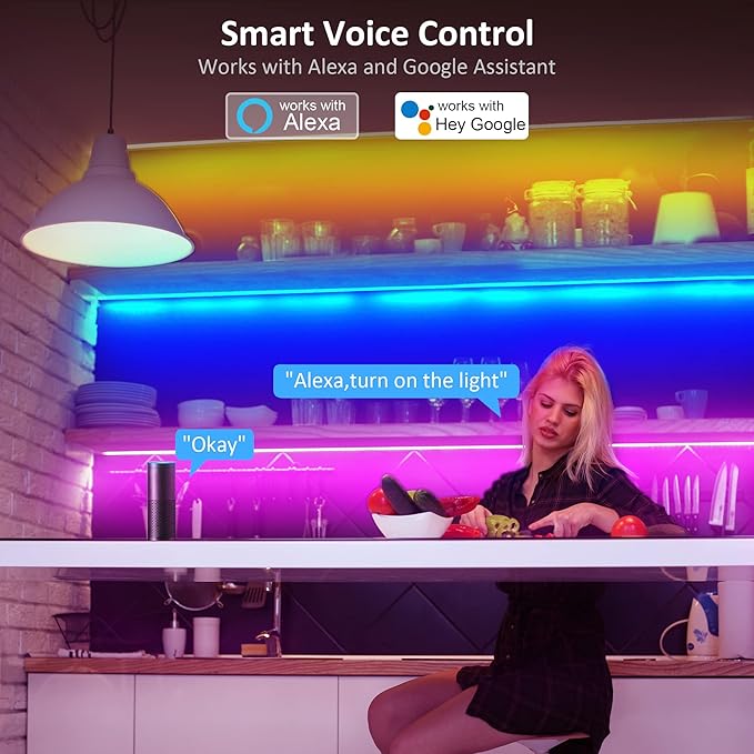 maylit 8 PCS 3.3FT Smart RGB Under Cabinet Lights Kit, Work with Alexa and Google Assistant, App and Remote Control, Music Sync Color Changing, Timer, Dimmable, for Cabinet, Counter, Shelf, Bookcase