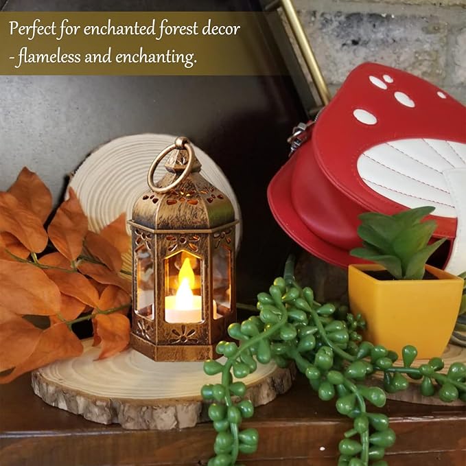 LLQ 12Pcs Mini Lantern with LED Tea Light, Garden Fairy Party Decorations, Battery Included, Vintage Lanterns Decorative, Hanging Candle Lanterns for Halloween Christmas Wedding Table Centerpiece