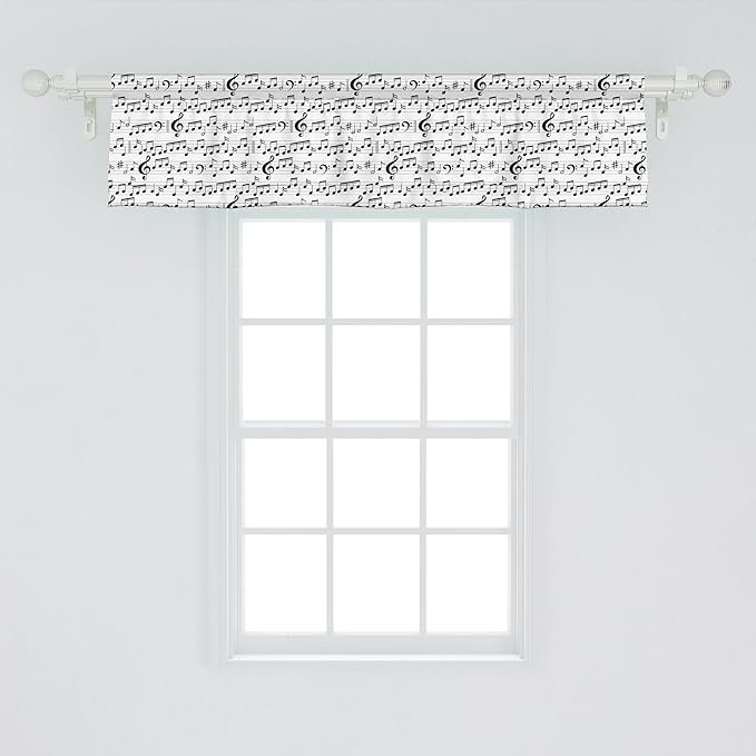 Ambesonne Music Window Valance, Abstract Style Professional Pattern Notes and Clef Sheet Play Writing Print, Curtain Valance for Kitchen Bedroom Decor with Rod Pocket, 54" X 12", Black White