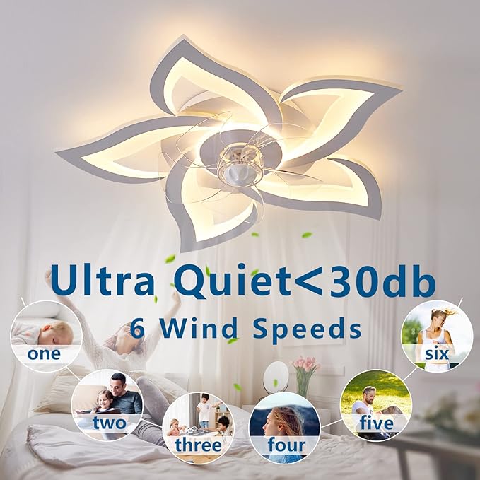 Flush Mount Ceiling Fan with Lights, 24" White ,Remote Control, 6 Speeds 3 Light Color Low Profile Ceiling Fan for Kitchen
