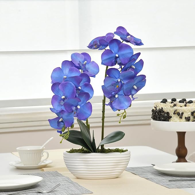 Large Artificial Potted Orchid Plant, Silk Flower Arrangement with Ceramics Vase, Purple Blue