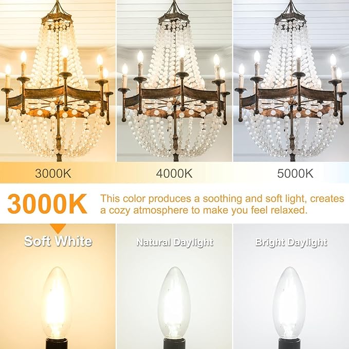 Cotanic E12 LED Bulb Dimmable 3000K Soft White, LED Candelabra Bulbs 60Watt Equivalent, Small Base Type B Light Bulbs, Candle Shape Chandelier Light Bulbs Clear Glass, 600LM, 12 Pack