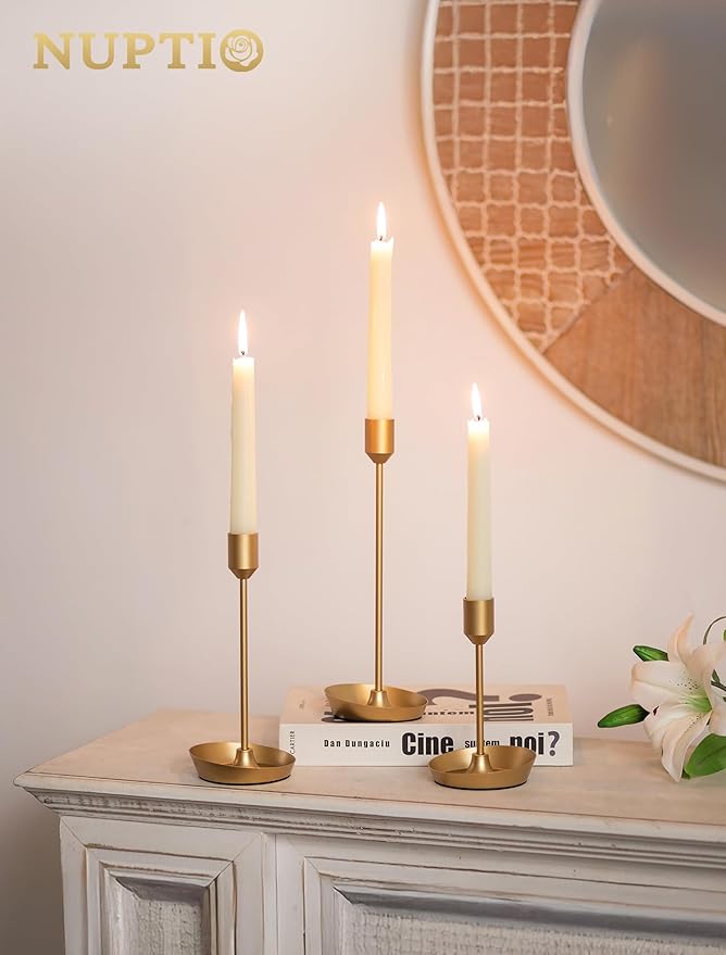 NUPTIO Taper Candle Holders for Centerpiece: 3 Pcs Matte Gold Candlestick Holder for Wedding - Brass Tall Candle Stick Holder for Christmas Party Dinner Table Fireplace Decor