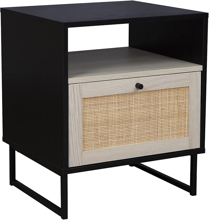 Nathan James Mina Rattan Wood End Side Accent Table Nightstand with Storage, Set of 2, Black Oak/Black
