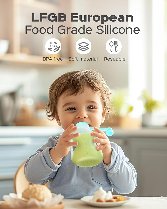 Silicone Reusable Baby Food Pouches with Straws, 6 Pack Leakproof Refillable Squeeze Pouches, Dishwasher, Freezer, Microwave Safe, 5OZ Baby Food Storage for Homemade Puree, Yogurt