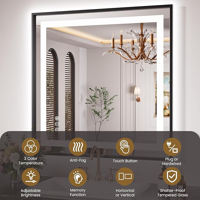 LED Bathroom Mirror,36"x36" Mirror with Black Frame, Front Light and Backlit, Stepless Dimmable, Anti-Fog, Shatter-Proof, Memory, 3 Colors, Double LED Vanity Mirror