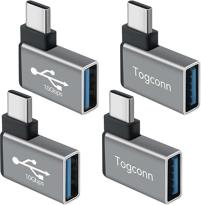 90 Degree USB C to USB Adapter 10Gbps, 4-Pack Right Angle Type-C (Male) to USB-A (Female) Converter Support Charge & Data Transfer Compatible with iPhone 16 15 Series, Computers, Tablet, Laptop
