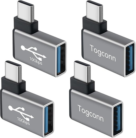 90 Degree USB C to USB Adapter 10Gbps, 4-Pack Right Angle Type-C (Male) to USB-A (Female) Converter Support Charge & Data Transfer Compatible with iPhone 16 15 Series, Computers, Tablet, Laptop