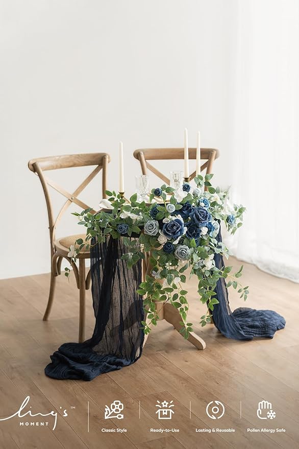 Ling's moment 2PCS Dusty Blue Artificial Floral Swags Centerpieces Wedding Flower Rose Garland Greenery Arrangements for Sweetheart Table Decor Backdrop Arch Flowers Wall Home Garden Decorations
