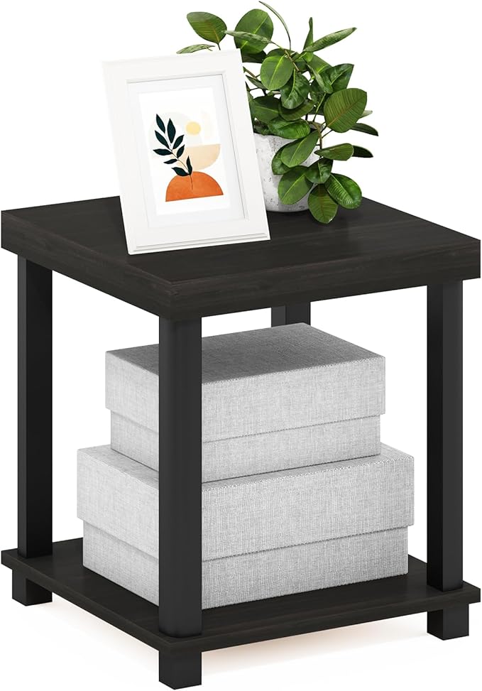 Furinno Turn-N-Tube Side Table, 2-Tier Thick Tabletop End Table with Open Shelf, Toolless Assembly Night Stand, Bedside Table, for Living Room, Bedroom, Espresso