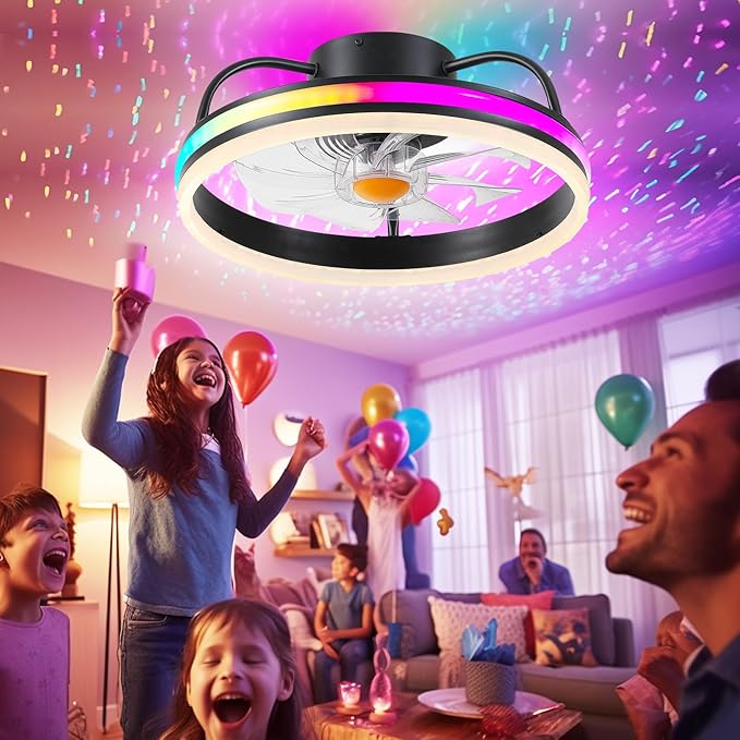 Ceiling Fan-Low Profile Ceiling Fan with Light - Modern Flush Mount Ceiling Fan,16" RGB Dimmable LED Enclosed Ceiling Fans,Modern Bladeless LED-RGB Ambient Light for Bedroom Kids Room Party（Black）