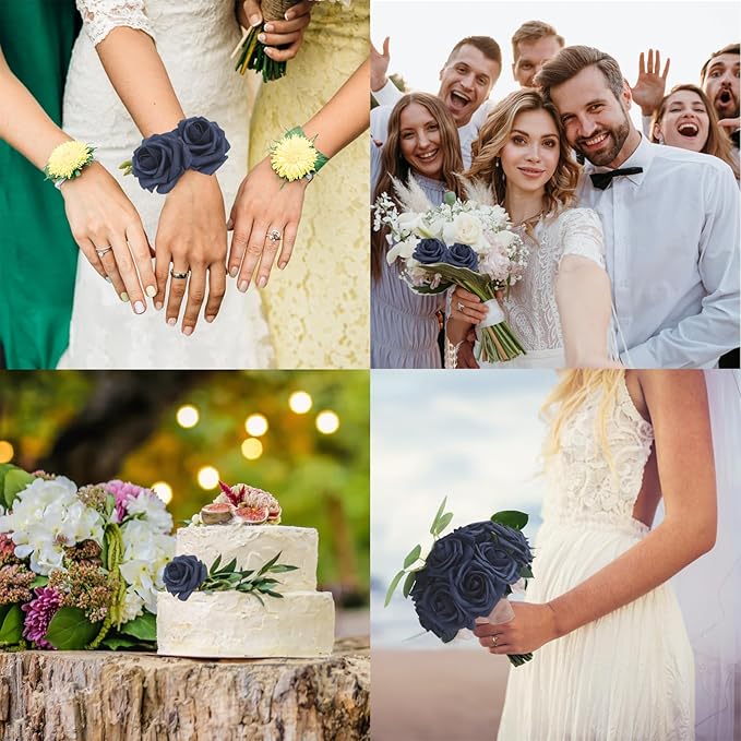 JOYLEX Artificial Flowers Realistic Roses, Real Looking Fake Roses with Stem for DIY Wedding Bouquets Centerpieces Bridal Shower Party Home Romantic Decorations (Navy Blue, Regular 3" - 200pcs)