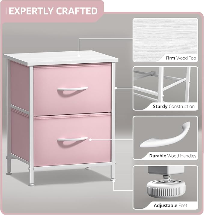 Sorbus Nightstand with 2 Drawers - Kids Bedside Furniture End Table Night Stand - Steel Frame, Wood Top & Easy Pull Fabric Bins - Dresser & Chest for Home, Bedroom Accessories, Office & College Dorm
