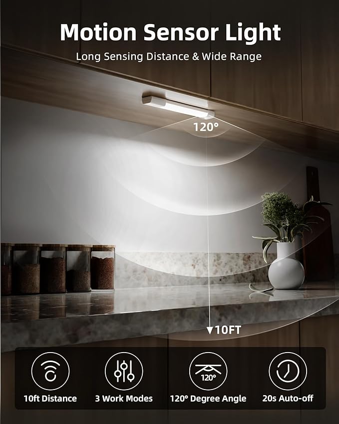 EZVALO 3 Pack 7” Motion Sensor Light Indoor, Wireless Under Cabinet Lighting, 30 LED Rechargeable Closet Lights, Dimmable, 3 Color Temperatures, Counter Lights for Wardrobe, Pantry, Bedroom, Kitchen