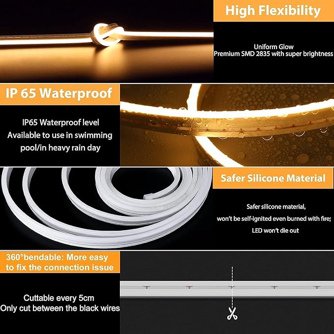 Lamomo 65.6ft Warm White Led Rope Lights,Waterproof LED Strip Lights, 24V Silicone 3000K Flexible Neon Light Strip for Bedroom, Living Room, Home Decor
