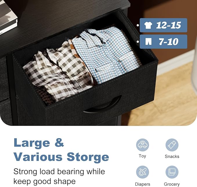 DUMOS 8 Drawer Dresser for Bedroom, Fabric Storage Organizer with Sturdy Metal Frame, Wooden Top Chest of Drawers for Closet Nursery Entryway Guest Room,Matte Black