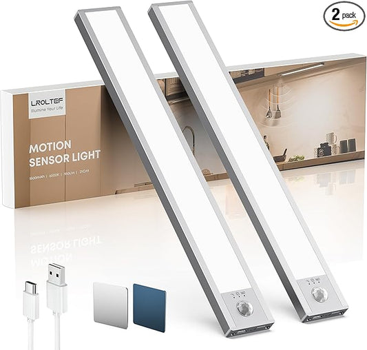 Under Cabinet Kitchen Lights, Motion Sensor Dimmable 21cm 1500mAh 6500K LED Under Counter Rechargeable Wardrobe Indoor Night Lights for Kitchen Shelf Stairs Closet 2 Pack