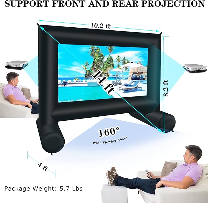 14 FT Inflatable Projector Movie Screen for Outside/Indoor, Blow up Projector Screen with Air Blower, Supports Front/Rear Projection for Backyard Home Theater Movie Night Outdoor Party