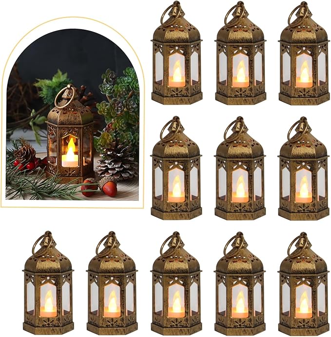LLQ 12Pcs Mini Lantern with LED Tea Light, Garden Fairy Party Decorations, Battery Included, Vintage Lanterns Decorative, Hanging Candle Lanterns for Halloween Christmas Wedding Table Centerpiece