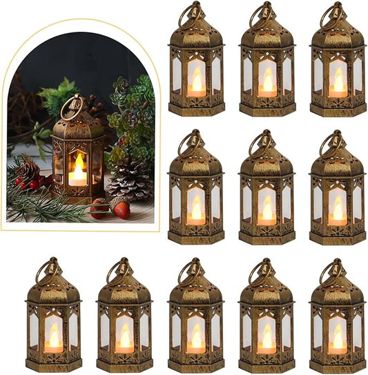 LLQ 8Pcs Mini Lantern with LED Tealight, Vintage Brown Lanterns Decorative, Hanging Candle Lanterns for Ramadan Christmas Wedding Table Centerpiece Indian Diwali Decor, Garden Fairy Party Decorations