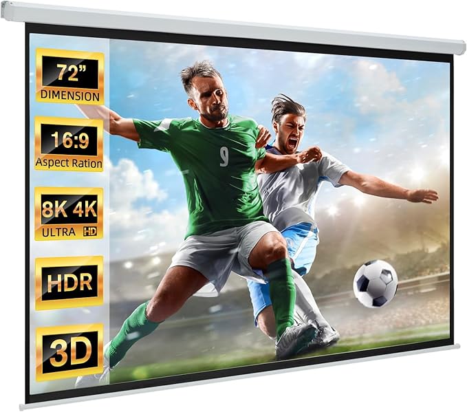 YODOLLA 72" Projector Screen Motorized 16:9, 4K HD Pull Down Retractable Projection Screens Electric Automatic Wall Ceiling Movie Screen for Office Classroom Indoor