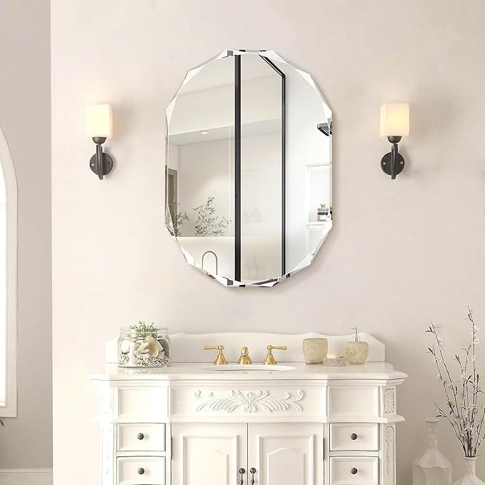 Pregaspor Single Beveled Edge Bathroom Vanity Mirror, 20" x 28" Oval Wall Mirror, Shatterproof Frameless Mirror for Over Sink, Restroom