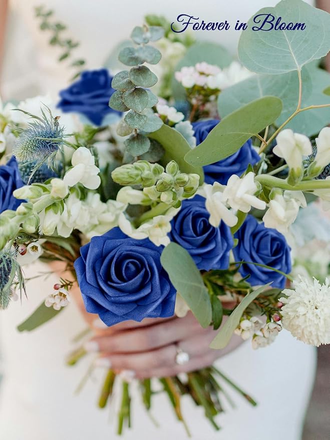 MACTING Artificial Flower Roses 30PCS Real Touch Fake Flowers with Stem Foam Roses for DIY Wedding Bouquets Backdrop Party Bridal Shower Spring Home Mothers Day Decorations(Dark Royal Blue)