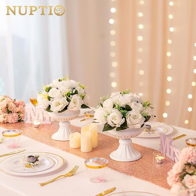 NUPTIO 10 Pieces White Fake Flower Ball Arrangement Bouquet 15 Heads Plastic Roses with Base, Suitable for Wedding Centerpiece Flower Rack for Parties Home Décor
