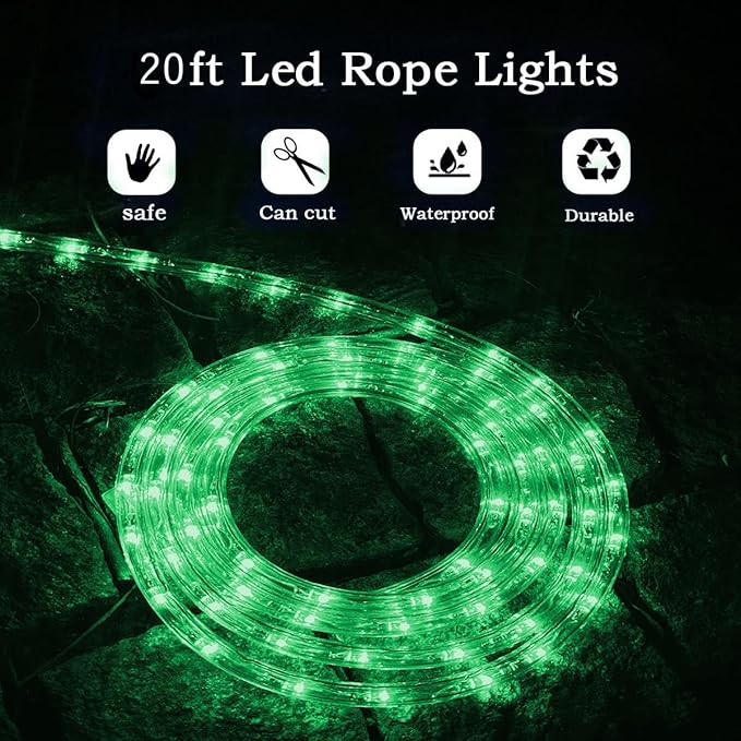 Green LED Rope Light, 20Ft LED Strip Lights Outdoor Waterproof Decorative Lighting for Indoor/Outdoor Decorations, Deck, Patio, Party and Bedroom Decorations