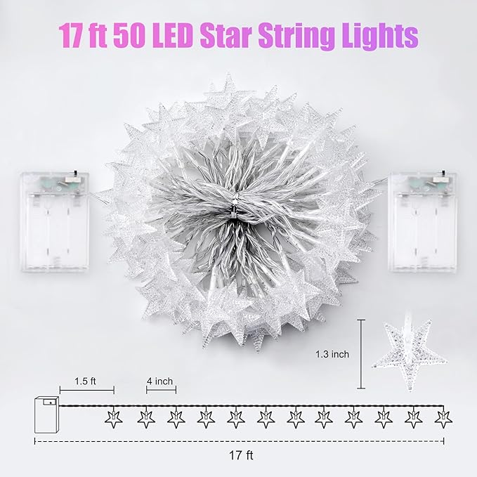 Minetom Star String Lights Battery Operated - 2 Pack 17 ft 50 LED Star Fairy String Lights with Timer, Waterproof for Indoor Bedroom Tent Loft Bed Patio Party Wedding Decor, Multi-Color
