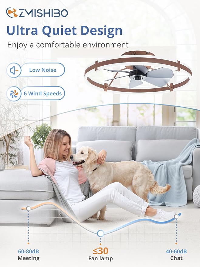ZMISHIBO 24 Inch Ceiling Fans with Lights and Remote, Modern Low Profile Ceiling Fan, 3000-6000K Dimmable Flush Mount LED Fan Light, 6 Wind Speeds, Fandelier Ceiling Fans for Bedroom- Brown
