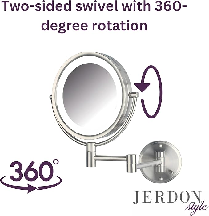 JERDON Wall-Mounted Makeup Mirror with Lights - Direct-Wired Lighted Makeup Mirror with 8X Magnification & Nickel Finish - Model HL88NLD